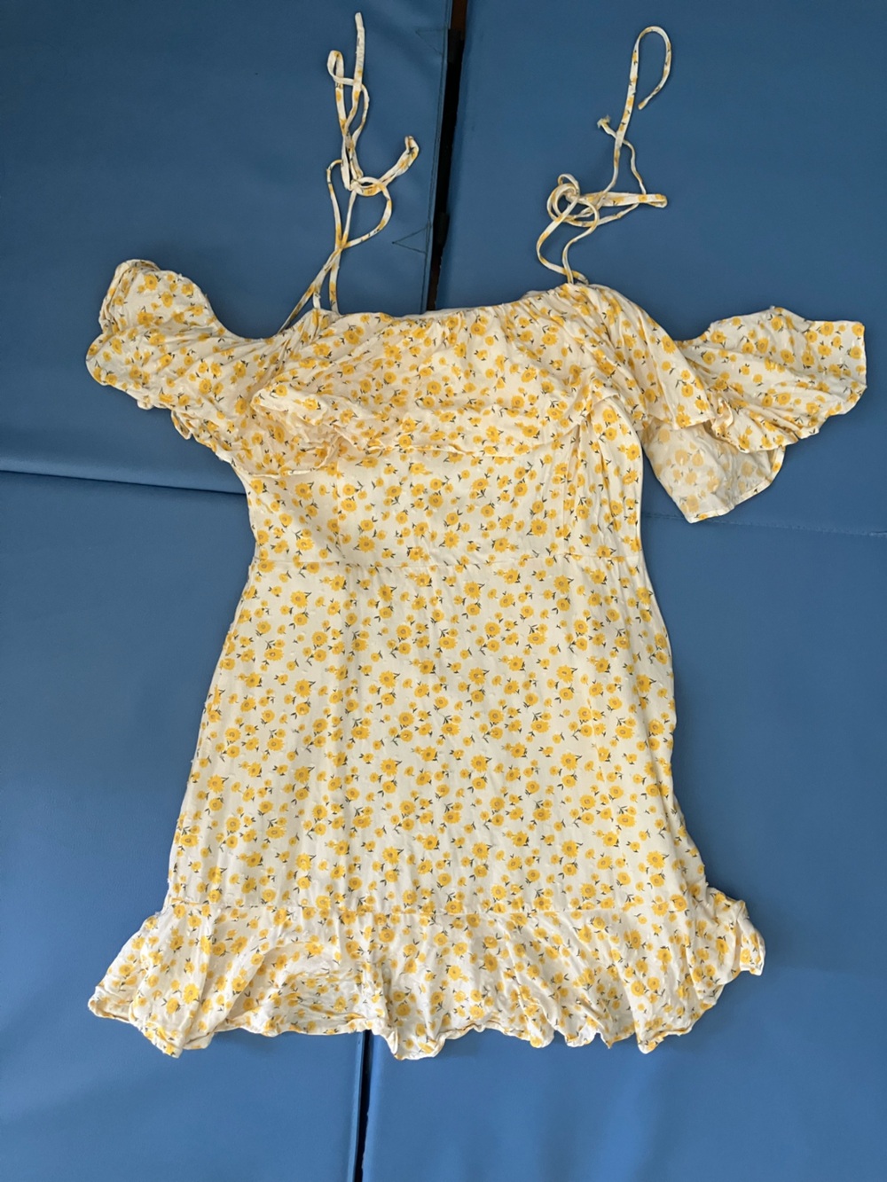 Yellow Ditsy Floral Cold Shoulder Ruffle Dress
